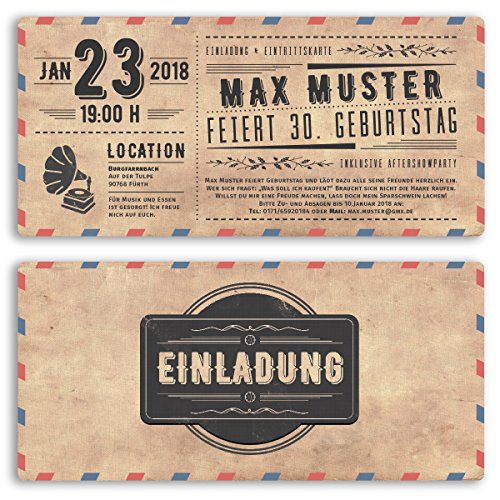 gestaltenlassen.com (30 x) Einladungskarten Geburtstag Vintage Ticket Retro alt Look Karte Einladungen von gestaltenlassen.com