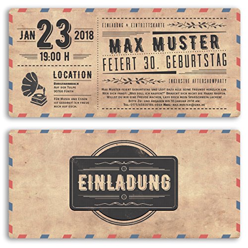 (30 x) Einladungskarten Geburtstag Vintage Ticket Retro alt Look Karte Einladungen von gestaltenlassen.com