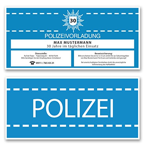 gestaltenlassen.com (30 x) Einladungskarten Geburtstag als Polizei Vorladung Karte Einladungen in Blau von gestaltenlassen.com