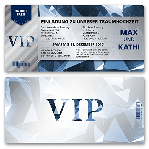 (30 x) Hochzeitseinladungen VIP Party Edel Blau Ticket Einladungskarten Hochzeit von gestaltenlassen.com