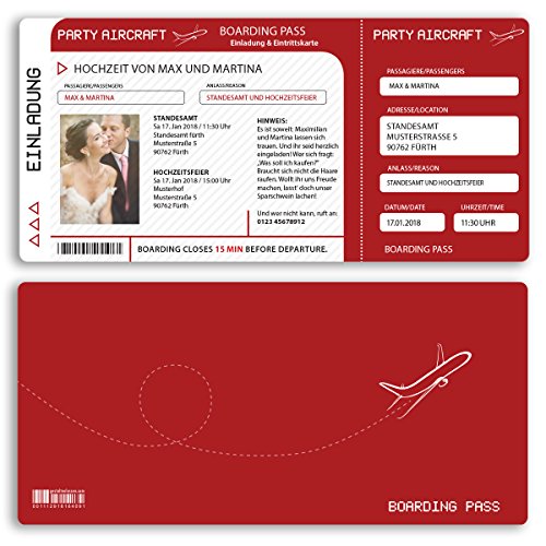 (50 x) Hochzeitseinladungskarten Flugticket Boarding Pass rot Einladungskarten Hochzeit von gestaltenlassen.com
