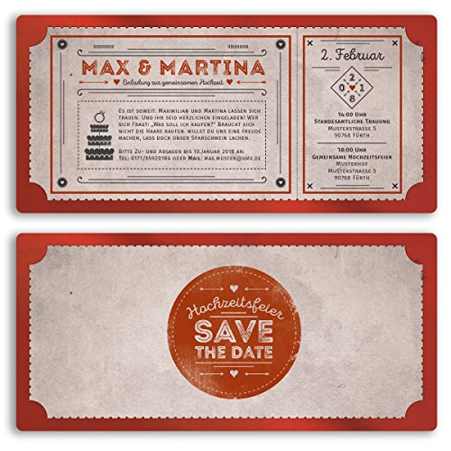 gestaltenlassen.com (60 x) Hochzeitseinladungen Vintage Retro Ticket Look Rot Einladungskarten Hochzeit von gestaltenlassen.com