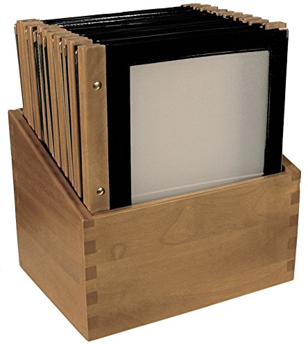 Speisekartenmappe aus mehrfach teakfarben lackiertem Buchenholz, für DIN A4 Speisekarten, als Kasten mit 20 Mappen, als Einzelmappe oder 5 St. Einlegehüllen | ERK (Kasten mit 20 Mappen) von getgastro