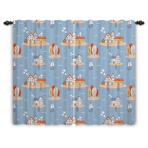 ggaimwf 135x245cm Cartoon-Haus Leinenoptik Vorhang für Kinderzimmer Meer Hütte Strand Schiff Lichtfilterung Raumteiler Fenstervorhänge für Jungen Mädchen Kinderzimmer Wohnzimmer,2 paneel ggaimwf 135x245cm Cartoon-Haus Leinenoptik Vorhang für Kinderzimmer Meer Hütte Strand Schiff Lichtfilterung Raumteiler Fenstervorhänge für Jungen Mädchen Kinderzimmer Wohnzimmer,2 paneel von ggaimwf