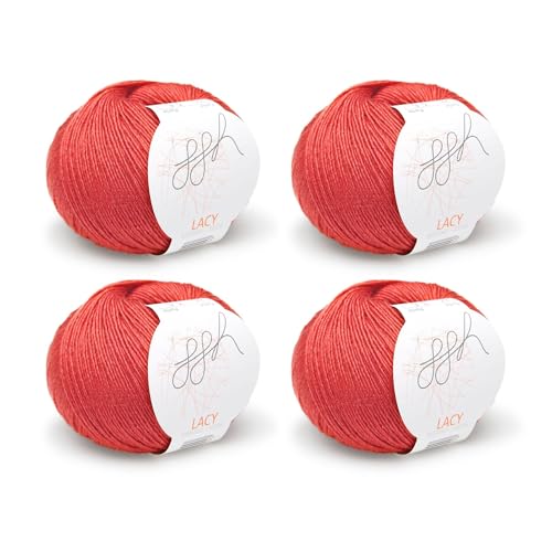 ggh Lacy Set | 4x25g (insgesamt 100g) Set| 150m/25g Merinowolle mit Seide zum Stricken | Farbe 027 - Marsrot von ggh