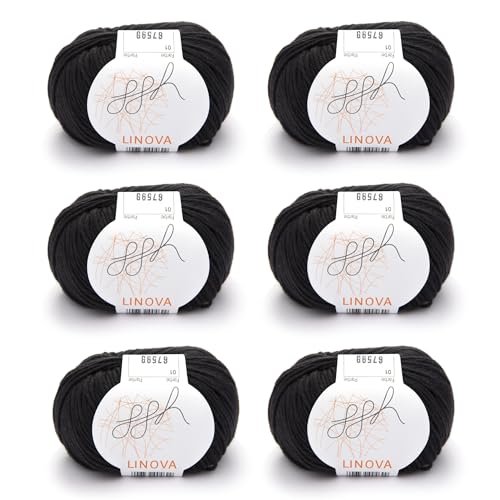 ggh Linova (Farbe 001 - Schwarz) – 6 Knäuel Set à 50g | 300g Baumwoll-Leinen-Garn zum Stricken & Häkeln | 74% Baumwolle, 26% Leinen | ca. 600m | Nadelstärke 3,5–4,5 mm von ggh