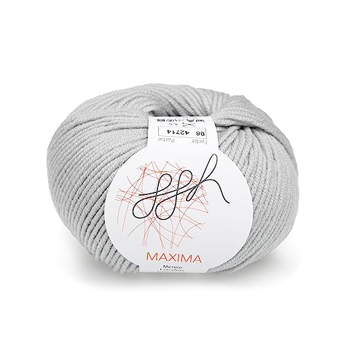 ggh Maxima - 100% Merinowolle extrafein und superwash - Lauflänge 110m auf 50g - Nadelstärke 4-5 - Wolle zum Stricken oder Häkeln - Farbe 086 - Hellgrau von ggh