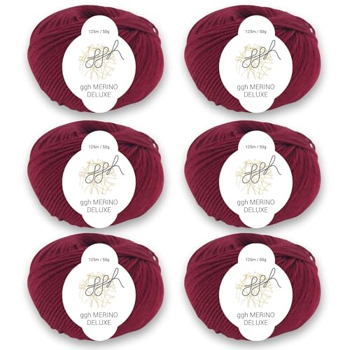 ggh Merino Deluxe - 300g Set (6x50g) - 100% Merinowolle Extrafine mit 125m/50g zum Stricken in vielen Farben - Farbe 010 - Bordeauxrot von ggh