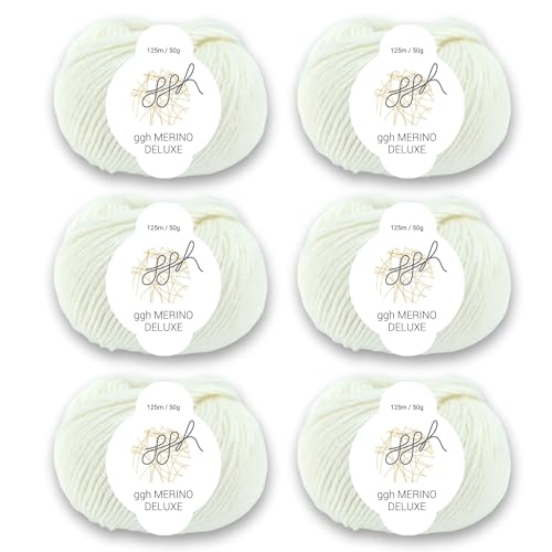 ggh Merino Deluxe - 300g Set (6x50g) - 100% Merinowolle Extrafine zum Stricken in vielen Farben - Farbe 003 - Wollweiß von ggh