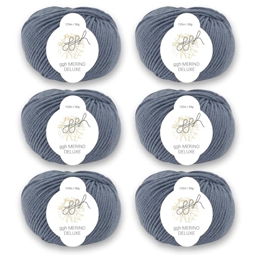 ggh Merino Deluxe - 300g Set (6x50g) - 100% Merinowolle Extrafine zum Stricken in vielen Farben - Farbe 004 - Mittelgrau von ggh