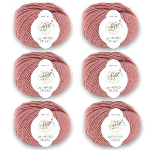 ggh Merino Deluxe - 300g Set (6x50g) - 100% Merinowolle extrafine zum Stricken in vielen Farben - Farbe 013 - Rosenholz von ggh