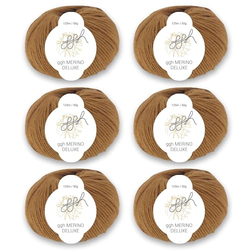 ggh Merino Deluxe - 300g Set (6x50g) - 100% Merinowolle extrafine zum Stricken in vielen Farben - Farbe 007 - Hirschbraun von ggh