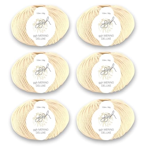 ggh Merino Deluxe - 300g Set (6x50g) - 100% Merinowolle Extrafine zum Stricken in vielen Farben - Farbe 009 - Creme von ggh