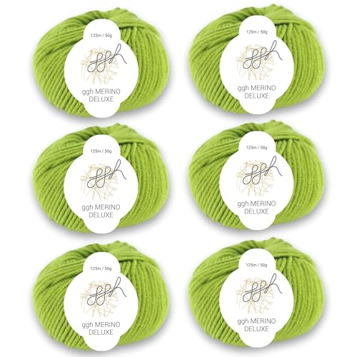 ggh Merino Deluxe - 300g Set (6x50g) - 100% Merinowolle extrafine zum Stricken in vielen Farben - Farbe 020 - Moos von ggh