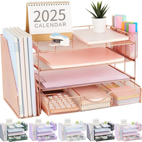 gianotter Briefablage aus Papier mit Aktenhalter, 4-stöckiges Schreibtischzubehör und Schreibtisch-Organizer für den Arbeitsplatz, mit Schublade und 2 Stifthaltern für Bürobedarf (Roségold) von gianotter