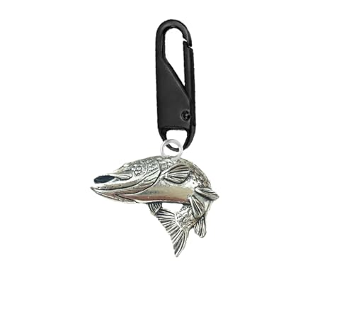 F39 Drehender Hechtfisch, feines englisches Zinn auf einem schwarzen Schnappverschluss, abnehmbare Reißverschlussschieber für Taschenreparatur, Universal-Reißverschluss-Schnalle, Anhänger für Jacke von gifts for all