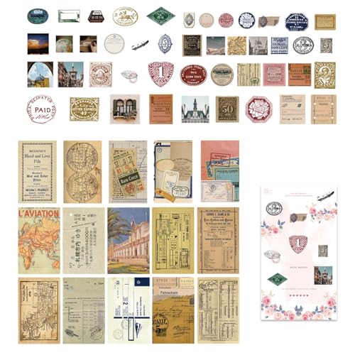 Vintage Aufkleber für Basteln - 60-teiliges Set Mehrzweck Scrapbook-Sticker, Bunte Dekorationen für -Karten, Fotoalben und Kunsthandwerk, Retro Design Vintage Aufkleber für Basteln - 60-teiliges Set Mehrzweck Scrapbook-Sticker, Bunte Dekorationen für -Karten, Fotoalben und Kunsthandwerk, Retro Design von gifyym