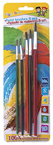 gimboo Pinsel Set 5 für Schule Hobby und Kunsthandwerk/Schulmalpinsel-Set 6tlg, Haarpinsel (Größe 2, 4, 6, 8, 10) / 100% natürliches Rosshaar mit Holzstiel/Blister von gimboo
