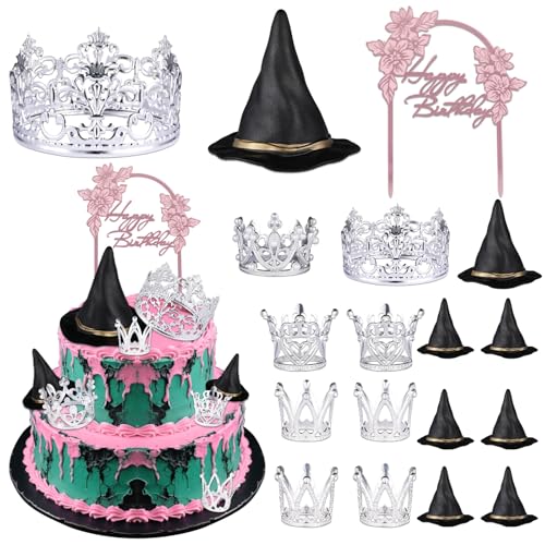 17-teiliges Kuchenaufsatz-Set mit Hexenhüten und -kronen mit Prinzessinnen-Motto-Party-Dekorationen, Mini-Hexenhut, Silberlegierung, Krone für rosa und grüne Party, Geburtstag, Hochzeit von gisgfim