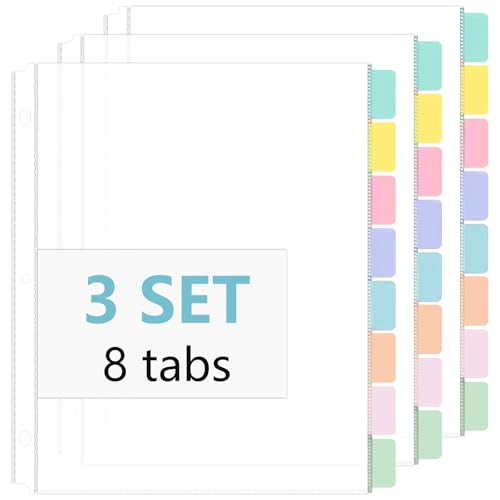 3 transparente Ordner-Trennblätter mit Reitern, 8 Registerkarten aus Kunststoff für 3-Ringordner, Briefgröße, 8,5 x 11 Ordner, Trennblätter mit Taschen und Tabs, weiße Trennblätter für Zuhause, Büro von gisgfim