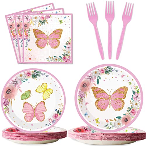 Butterfly Party Supplies Geschirr-Set für 24 Gäste, Schmetterling, Frühling, Blumen, Geburtstagsparty, Pappteller, Servietten, Dekorationen für Kinder, Jungen, Mädchen, Babyparty von gisgfim