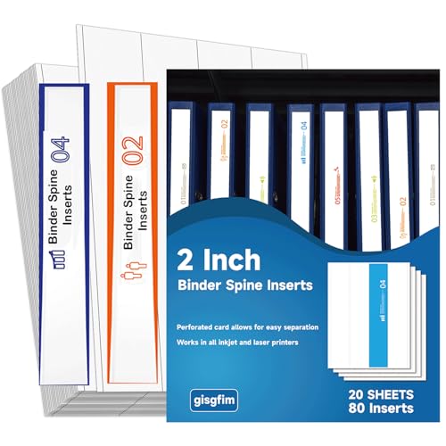 gisgfim Binderückeneinlagen, 5,1 cm Rückenbreite, weiß, 41,7 kg, bedruckbare Seitenkennzeichnungen für Tintenstrahl-Laserdrucker, Karton, Sichtbinder, Etiketten, 4 Einsätze/Blatt, 20 Blatt gisgfim Binderückeneinlagen, 5,1 cm Rückenbreite, weiß, 41,7 kg, bedruckbare Seitenkennzeichnungen für Tintenstrahl-Laserdrucker, Karton, Sichtbinder, Etiketten, 4 Einsätze/Blatt, 20 Blatt von gisgfim