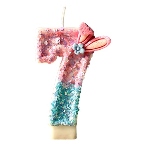 Geburtstagskerzen Zahl 7, Glitter Geburtstagskerzen mit rosa Kaninchenohren für Kinder, Mädchen und Frauen, Dekoration für Geburtstagskuchen, ideal für Jubiläen & Geburtstagsparty (7) von glowgare