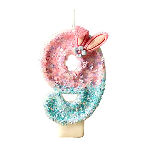 Geburtstagskerzen Zahl 9, Glitter Geburtstagskerzen mit rosa Kaninchenohren für Kinder, Mädchen und Frauen, Dekoration für Geburtstagskuchen, ideal für Jubiläen & Geburtstagsparty (9) von glowgare