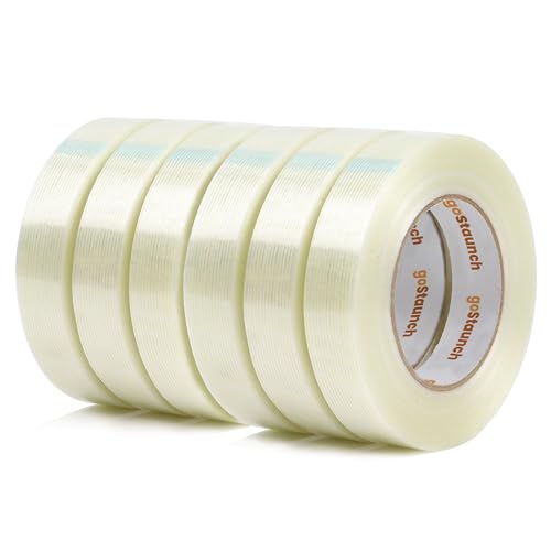 goStaunch Filament-Umreifungsklebeband (2,5 cm x 50,4 m, 6 Stück) 5,5 mm starkes, transparentes verstärktes Glasfaser-Klebeband – PET-Kunststoff-Kleber von goStaunch