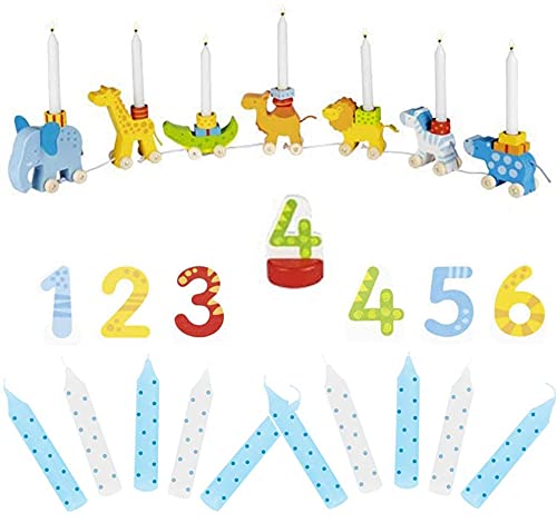 goki 2666 Geburtstagszug Zahlen 1-6 10er Set Kerzen blau Tiere Holz Geburtstagskarawane von goki