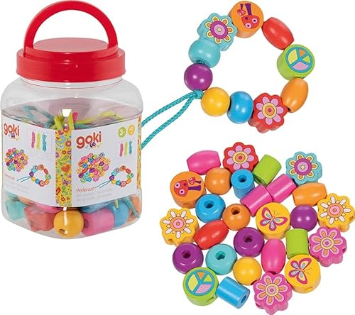 goki 58311 – Perlenset Love & Peace – 42-teiliges Bastelset aus Holz und Textil in Aufbewahrungsbox, ab 3 Jahren – aus der goki66-Serie von goki