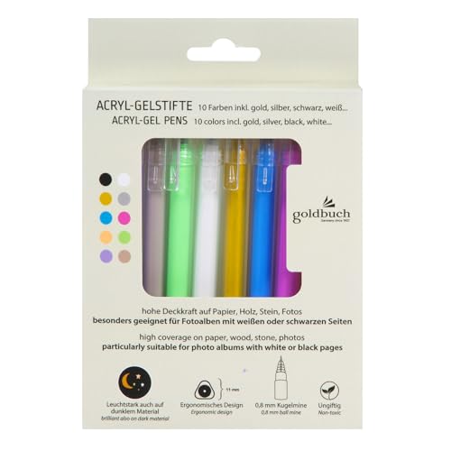 goldbuch 10 111 Acryl-Gelstifte Set mit 10 Stiften in Schwarz, Lila, Braun, Grün, Weiß, Gold, Blau, Pink, Gelb, Silber, Farbstifte ideal für schwarze und weiße Seiten von Fotoalben, 14,5 cm, ungiftig von goldbuch