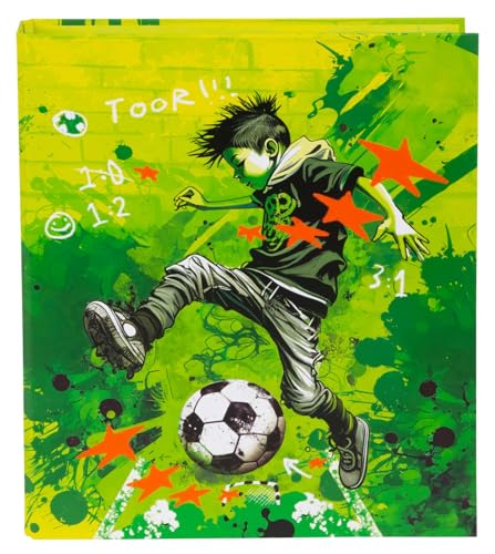 goldbuch 37 133 Ringbuch Stürmer, Ordner, Maße 26 x 32 x 4 cm, Einband aus Kunstrdruck, Hefter mit 2-Ringmechanik aus Metall, Ringordner Format DIN A4, Aktenmappe Fußballspieler-Motiv, Ringmappe Grün von goldbuch