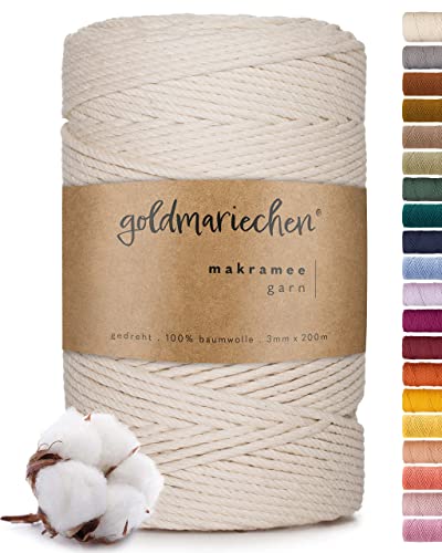 goldmariechen Premium Makramee Garn (Naturell) | 3mm x 200m | 100% Baumwolle | plastikfreie Verpackung | Makramee Baumwollgarn für DIY Handwerk von goldmariechen
