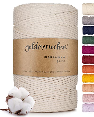 goldmariechen Premium Makramee Garn (Naturell) | 3mm x 200m | 100% Baumwolle | plastikfreie Verpackung | Makramee Baumwollgarn für DIY Handwerk von goldmariechen