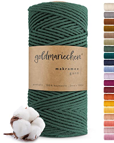 goldmariechen Premium Makramee Garn (Tannengrün) | 3mm x 100m | 100% Baumwolle | plastikfreie Verpackung | Makramee Baumwollgarn für DIY Handwerk von goldmariechen