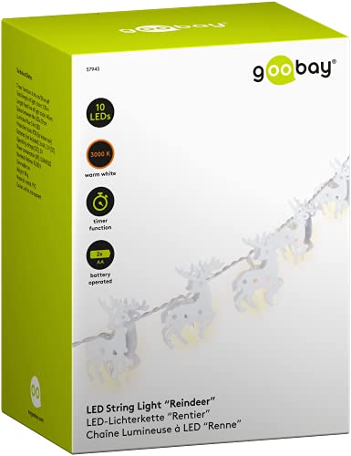 goobay 57945 10er LED Rentier Lichterkette, Weihnachtsdekoration, Innen Deko, batteriebetrieb, warm-weiß leuchtend, Timerfunktion, weiß Transparent von goobay