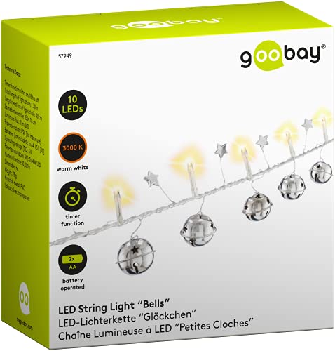 goobay 57949 LED Lichterkette mit Timerfunktion Batteriefunktion – Lichterkette für Innenbereich mit 10 LEDs + Glöckchen + Sternen – Warm-Weiß (3000k) – IP20 – 1,3m, Silber, Transparent von goobay