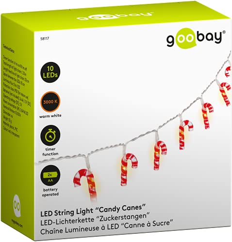 goobay 58117 10er LED Zuckerstangen Lichterkette, Zuckerstäbe, Candy Cane Weihnachtsbeleuchtung, warm-weiß leuchtend, Timerfunktion, rot, weiß, von goobay