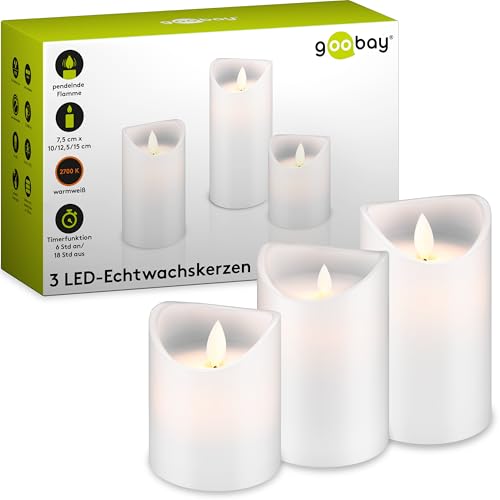 Goobay 66541 LED Kerzen mit Timerfunktion / Warmes Licht LED Stumpenkerzen / LED Echtwachskerzen flackernde Flamme / Elektrische Kerzen / Adventskerzen 3er Set / Weiß von goobay