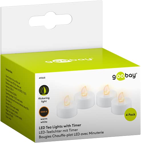 goobay 49868 4er-Set LED Teelichter mit Timerfunktion, warmweiße Lichter, 3,8 cm/3,7 cm hoch, weiß, inkl. Batterien (CR2032) Transparent von goobay