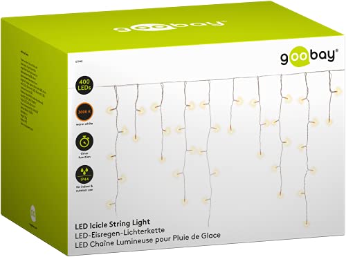 goobay 57940 400er LED-Eisregen-Lichterkette mit Timer-Funktion und 24 V-Außentrafo, warm-weiß (3000 K), für den Innen- & Außenbereich (IP44), Transparent, Schwarz von goobay