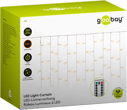 goobay 57942 LED Lichtervorhang Außen / 300 warmweiß LED Lichterkette Fernbedienung / 8 Leuchtmodi & Timer Lichterkettenvorhang/Weihnachtsbeleuchtung/Außentrafo von goobay