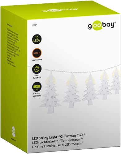 goobay 57947 LED Lichterkette mit Timerfunktion Batteriefunktion – Tannebäumen LED zum Aufhängen - Lichterkette für Innenbereich mit 10 LEDs – Warm-Weiß (3000k) – IP20, Weiß, Transparent von goobay