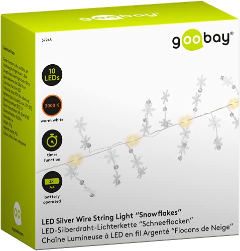goobay 57948 LED Lichterkette mit Timerfunktion Batteriefunktion Schneeflocken LED zum Aufhängen - Lichterkette für Innenbereich mit 10 LEDs 3000k IP20 Silber, Transparent von goobay