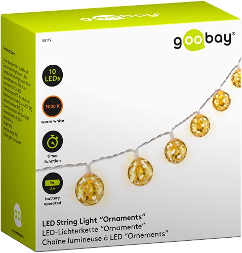 goobay 58119 LED Lichterkette mit Timerfunktion Batteriefunktion – Marrokanische Kugeln zum Aufhängen - Lichterkette für Innenbereich mit 10 LED – Warm-Weiß (3000k) – IP20 – 1,3m, Gold, Transparent von goobay