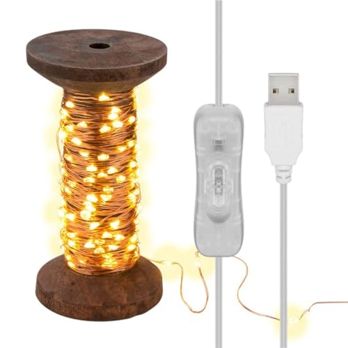 goobay 60342 LED-Lichterkette Garnspule, groß/Retro- Dekorationslampe/stilvolle Innendekoration/warmweißes, beruhigendes Licht/Lichterkette abnehmbar/Echtholz von goobay