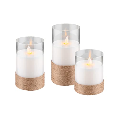 goobay 60343 3er-Set LED Echtwachskerzen im Hanf umwickelten Glas, warmweißer Kerzenschein, bewegliche Flamme, 10, 12,5 & 15cm hohe Kerzen Transparen, Klar von goobay