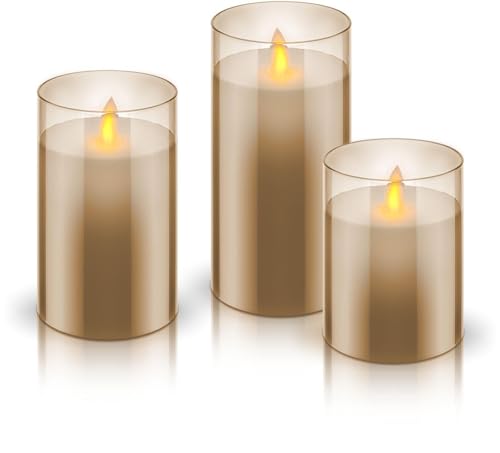 goobay 60380 3er-Set LED Echtwachskerzen im Glas (Braun) mit Timerfunktion, Warmweißer Kerzenschein/Bewegliche Flamme / 10, 12,5 & 15cm hohe Kerzen von goobay