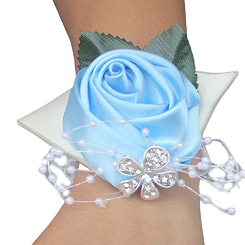 goodluxx Handgemachte Satin Rose Handgelenk Corsage Hochzeit Prom Party Brautjungfer Braut Handgelenk Blume Faux Perle Perlen Stretch Armband Armband Handgelenk Corsage Hellblau von goodluxx